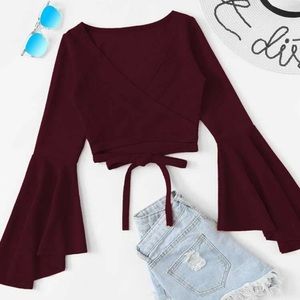 Bell sleeve self-tie crop top